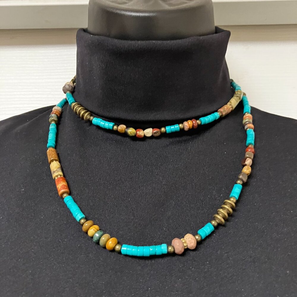 Turquoise Gemstone Necklace Bracelet Mixed Gemstone 34 inches long Handmade
